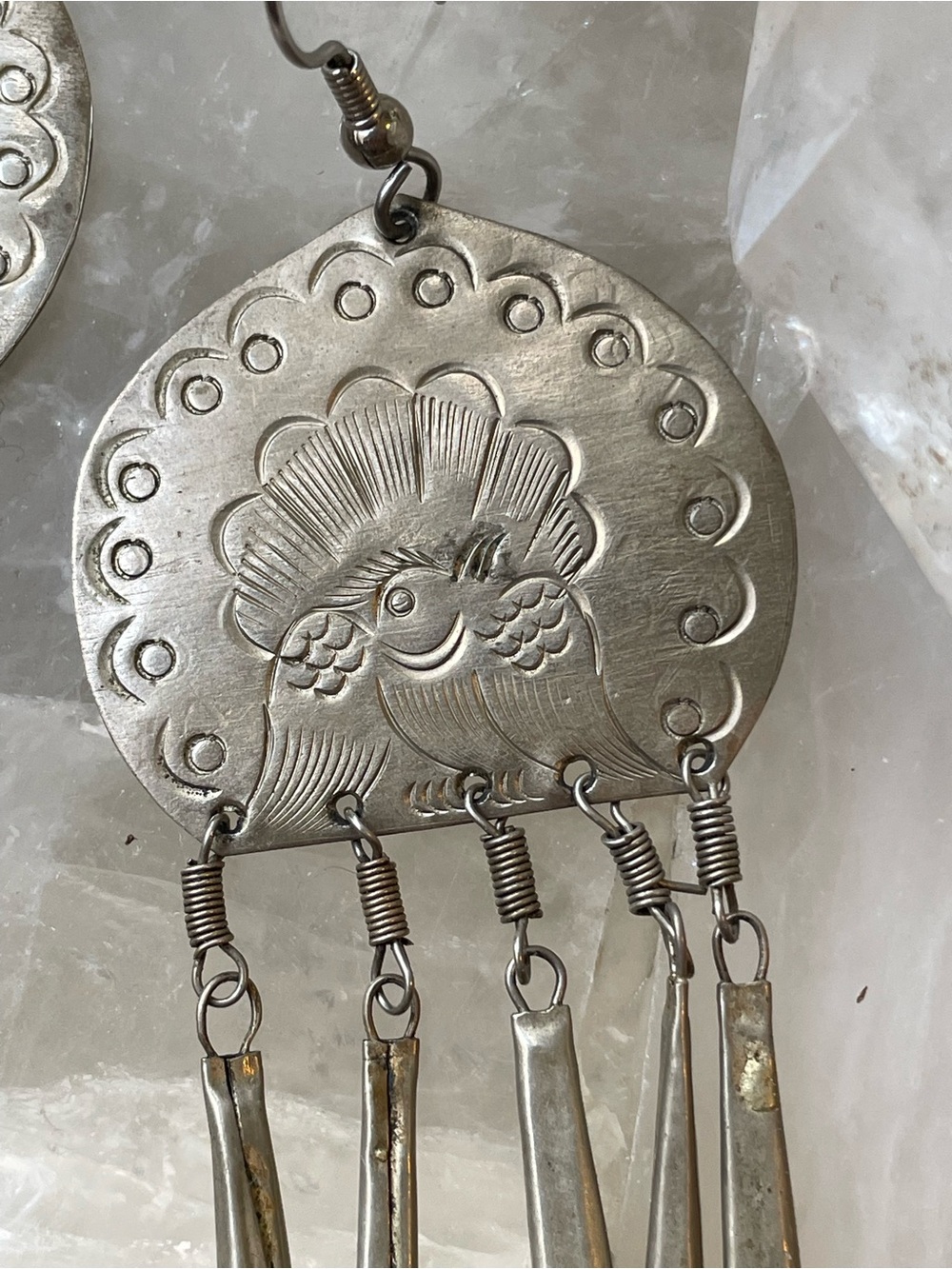 Vintage 70βs Handmade Silver-Tone Boho Peacock Dangle Earrings - Picture 3 of 6